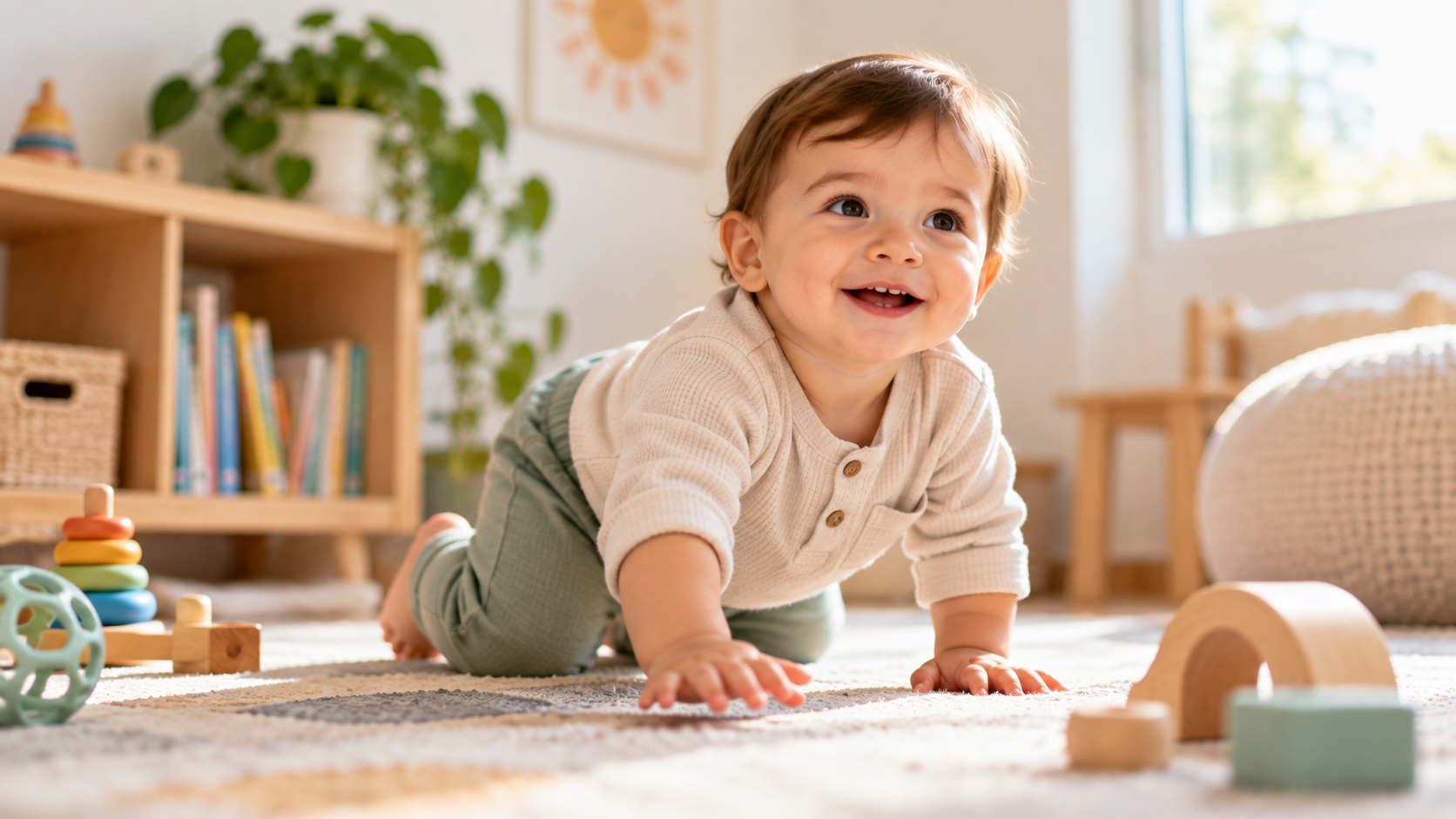 Bébé se déplaçant à quatre pattes lors de son développement moteur.