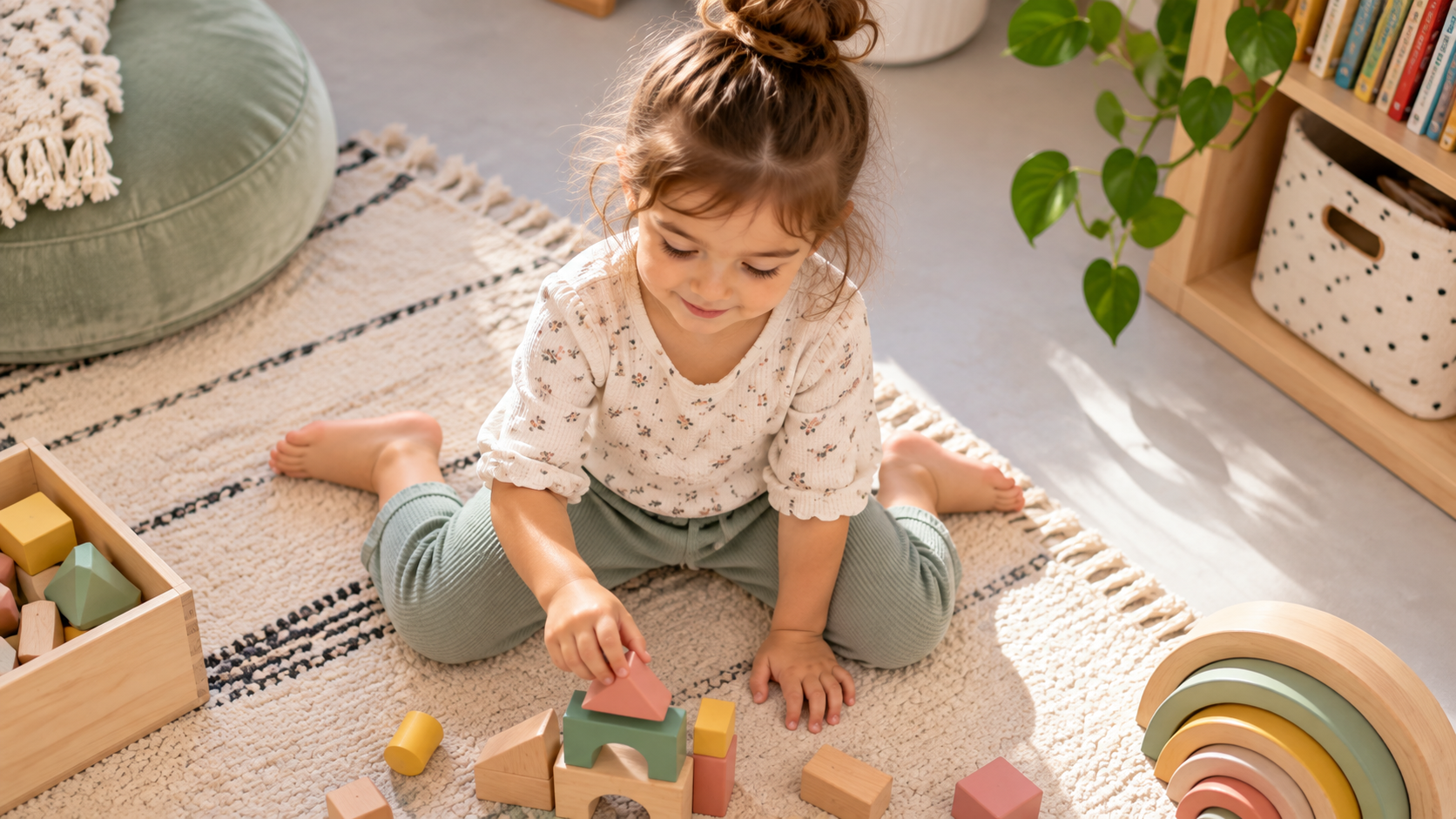 Enfant assise en position W au sol en jouant avec des blocs.
