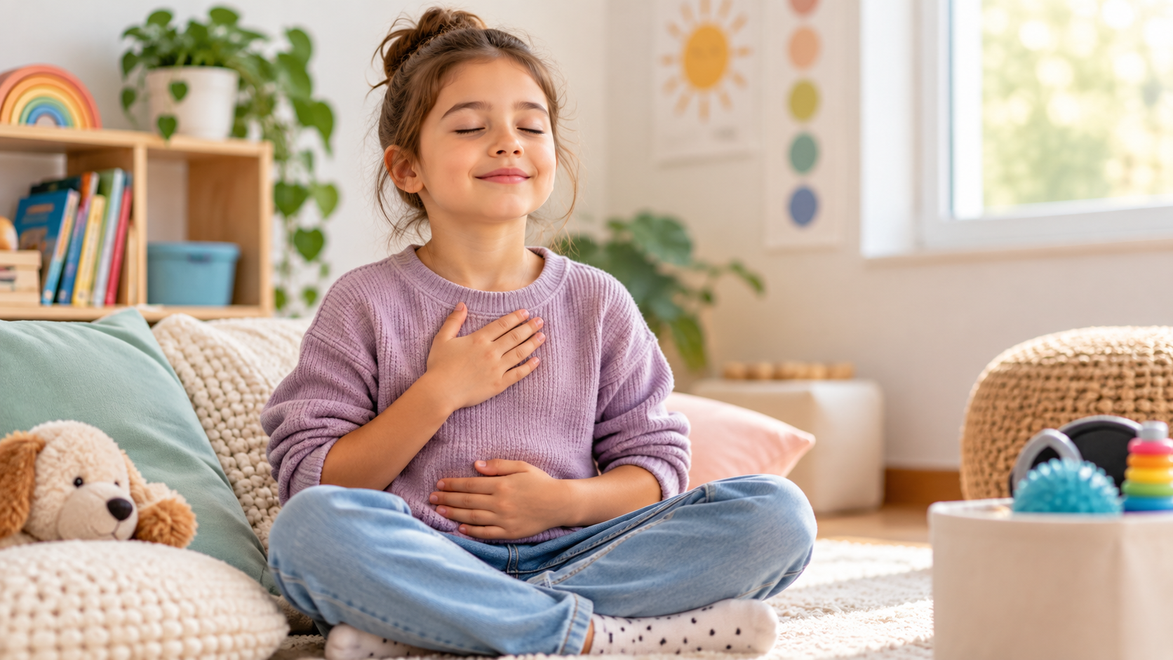 Enfant pratiquant une respiration profonde pour favoriser l’apaisement et la gestion des émotions.