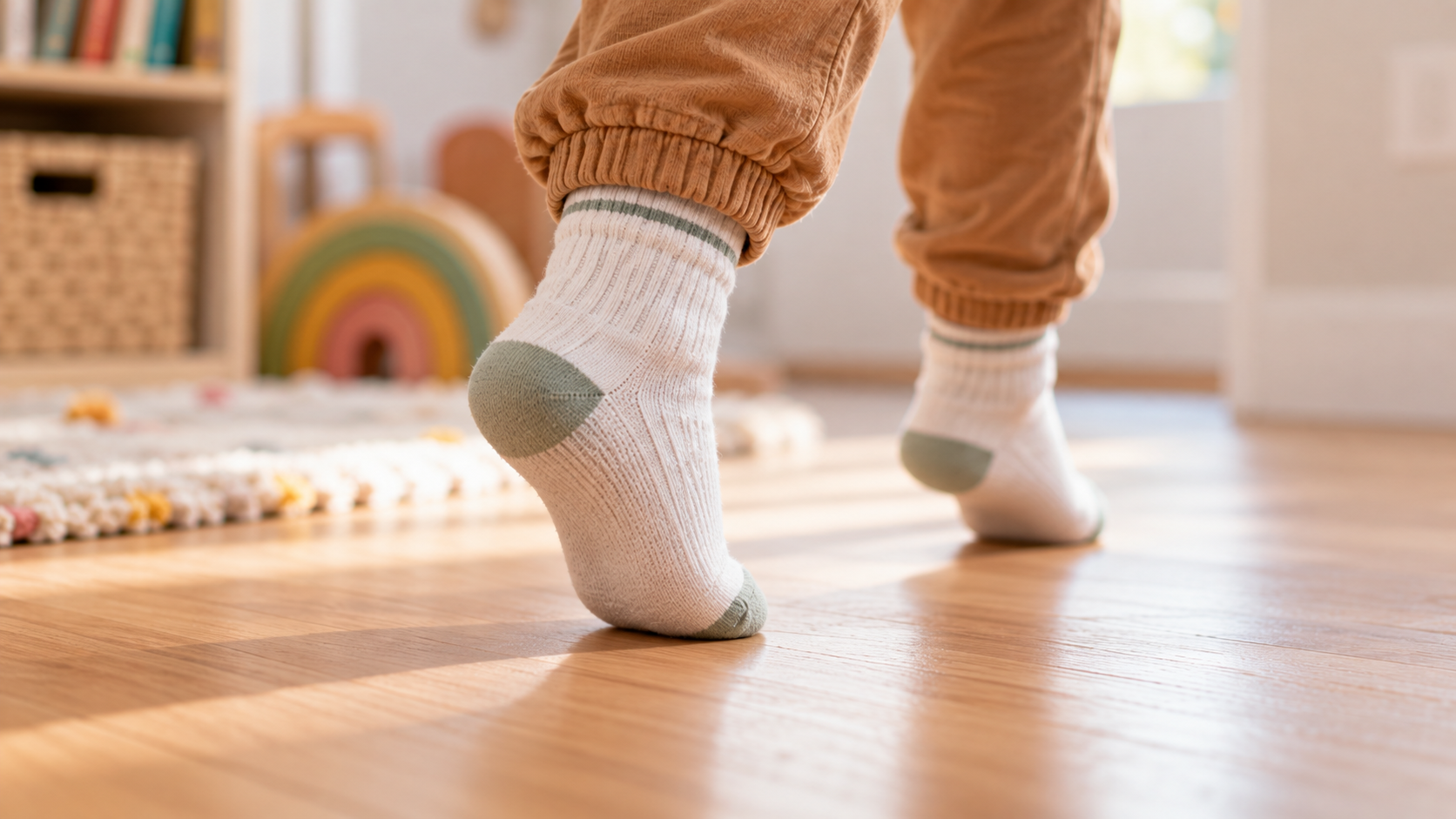 Enfant marchant sur la pointe des pieds en chaussettes.