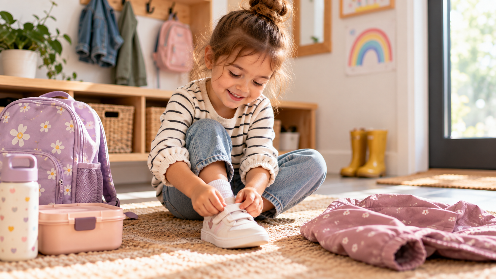 Enfant se préparant de façon autonome pour la maternelle en mettant ses chaussures près de son sac à dos.