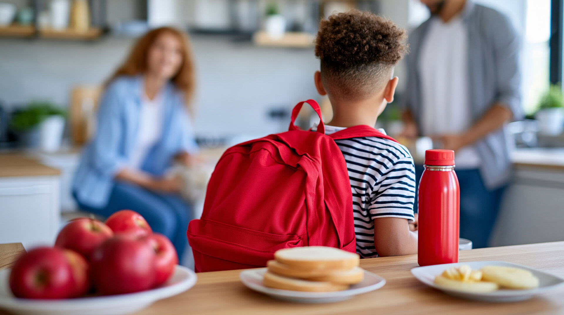 Enfant prêt pour la rentrée scolaire avec son sac à dos et sa boîte à lunch dans la cuisine familiale.
